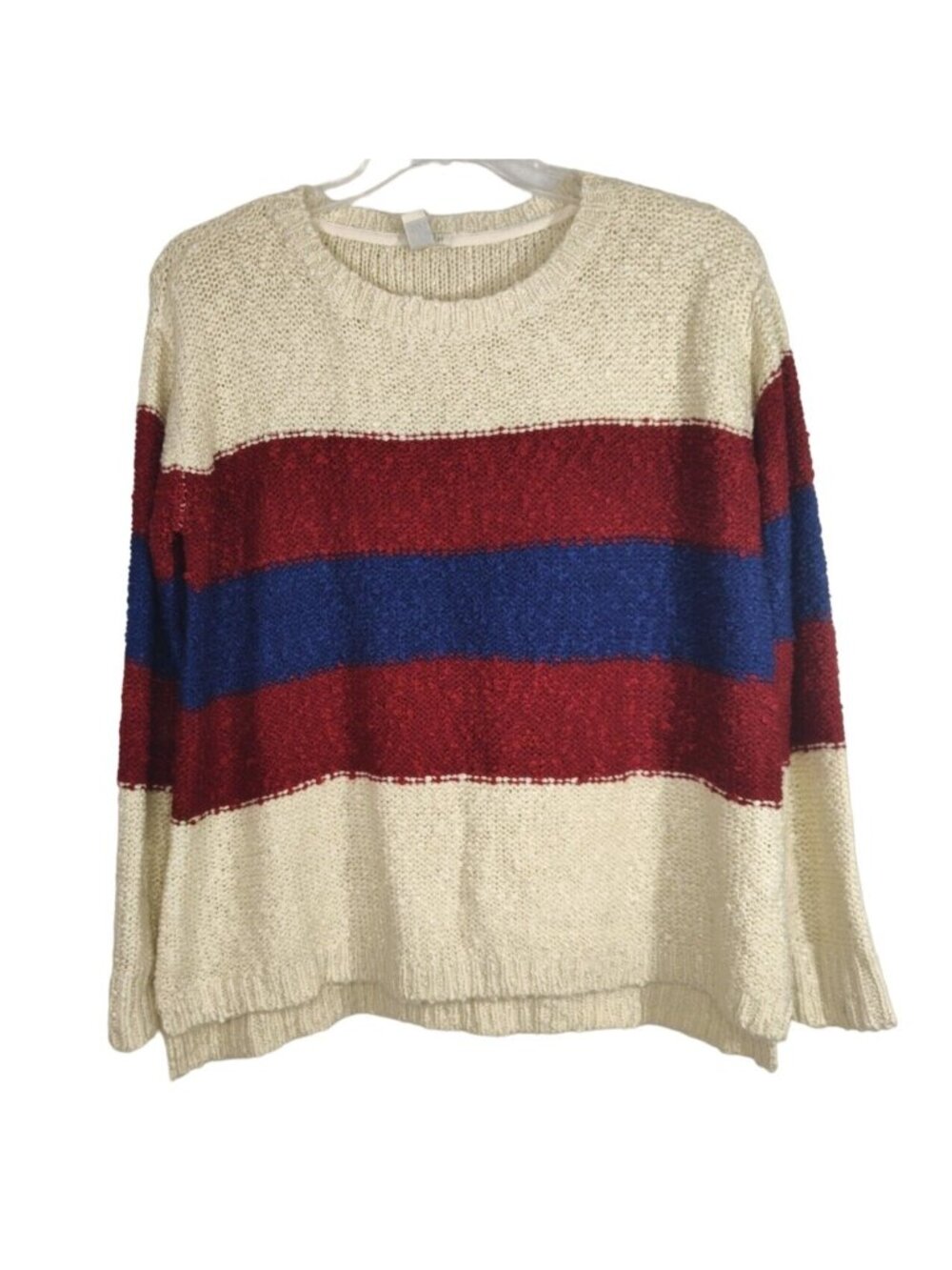 Forever 21 Tan Red Blue Striped Boxy Knit Sweater Women Size L Long Sleeve